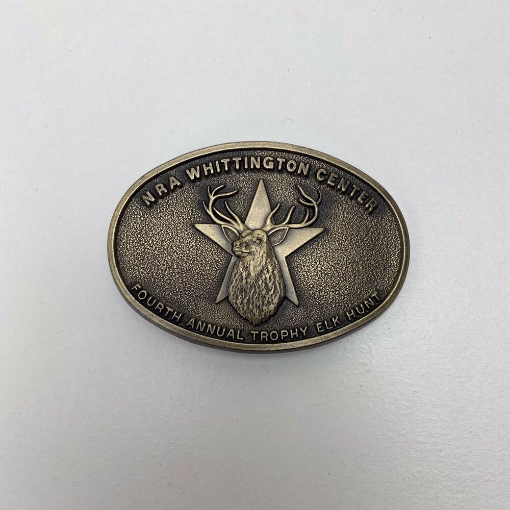 Vintage Belt Buckle RJ Solid Brass NRA Whittington Fourth Annual Trophy Elk Hunt